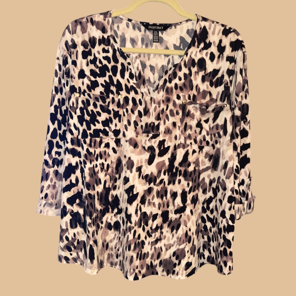 Ellen Tracy Women's‎ Animal Print Top - Black and Cream Size XL